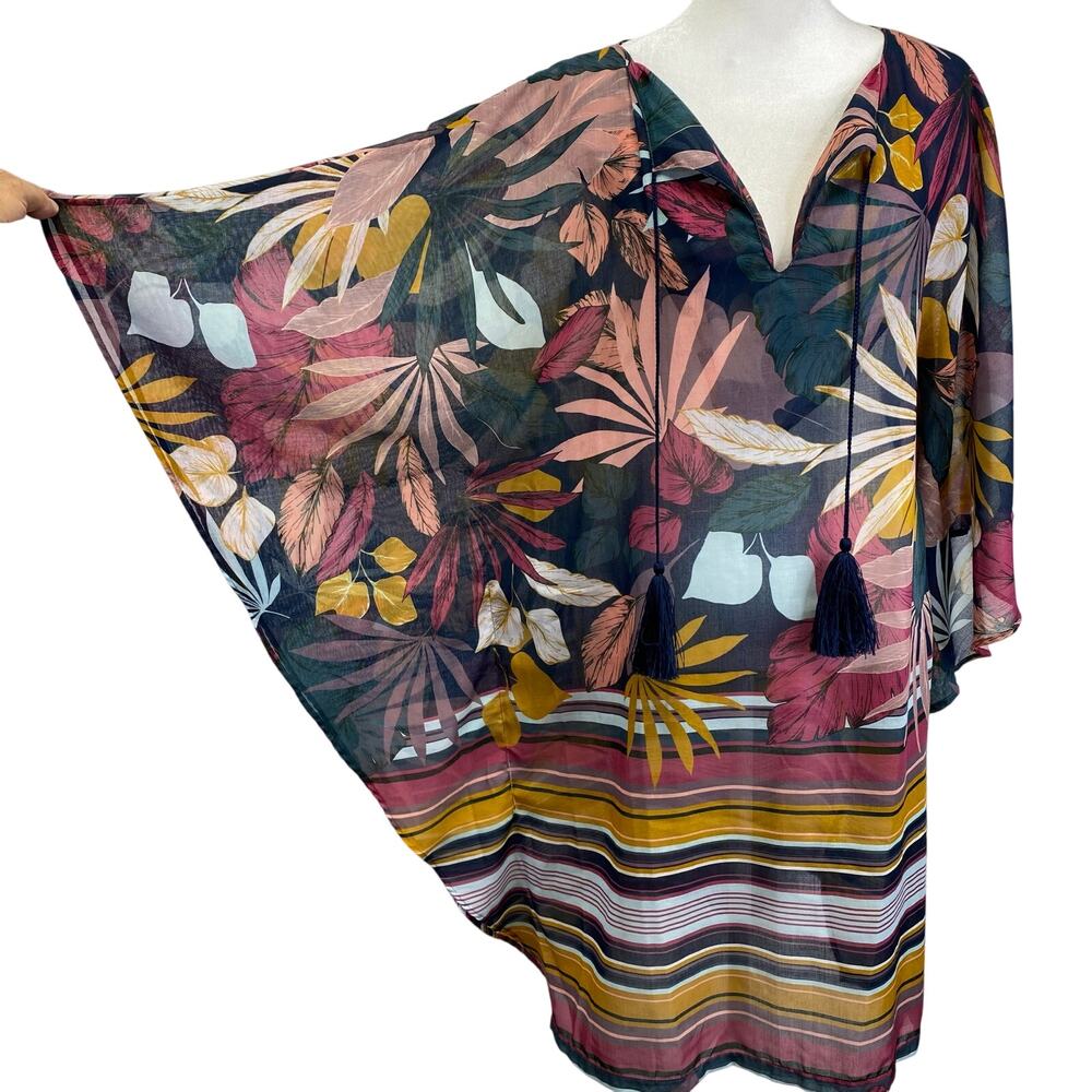 TOUCHE BALNEAIRE Dress Swim Cover Up Tropical Kaftan Palm Leaves Resort Wear - S